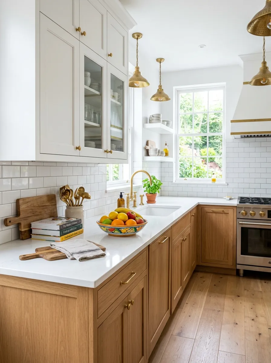 A real-life two-tone kitchen with white upper cabinets and natural oak lower cabinets, beautifully arranged brass fixtures, neatly made countertop with fresh fruit in a bowl, clean and organized, bright natural light, vibrant colors, stock-photo style, no people.