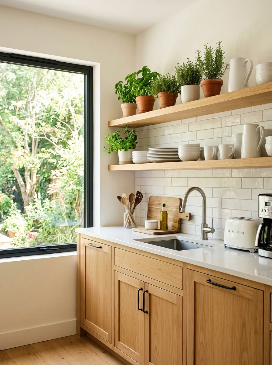 A real-life kitchen with natural oak cabinets and open wooden shelves, neatly arranged white ceramic dishes and small potted herbs on the shelves, organized and clean countertop, bright natural light, vibrant fresh greenery, stock-photo style, no people.