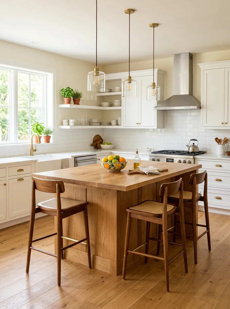 A real-life kitchen with white perimeter cabinets and a large natural oak island as the centerpiece, beautifully arranged wooden bar stools, pendant lights above, neatly made countertop with a bowl of citrus fruit, organized and clean, bright natural light, vibrant warm colors, stock-photo style, no people.
