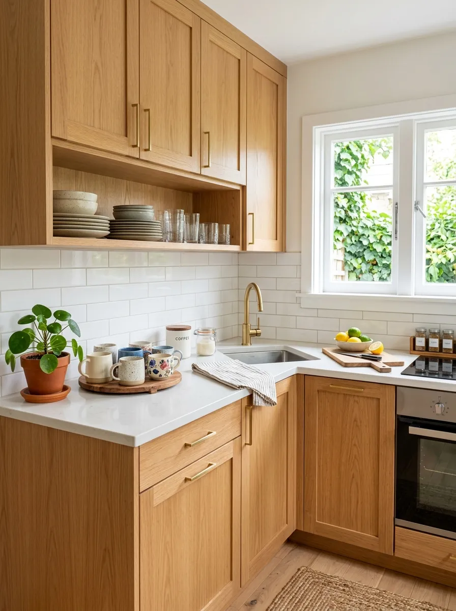 A real-life small kitchen with light oak shaker cabinets, slim brass handles, neatly made light-colored countertop, beautifully arranged coffee mugs and a small plant, organized and clean, bright natural light, vibrant fresh accents, stock-photo style, no people.