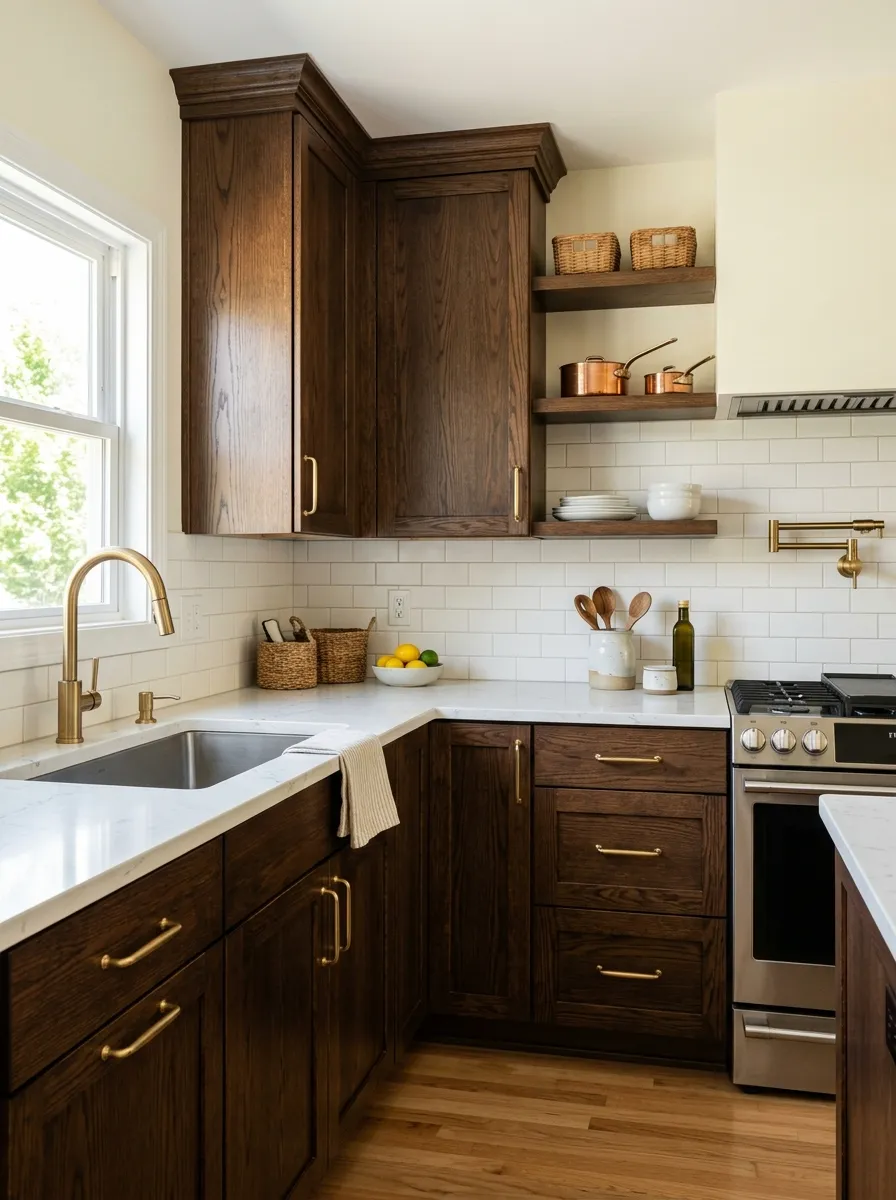 A real-life kitchen with dark stained oak cabinets, light-colored countertop, beautifully arranged brass hardware and fixtures, neatly made surface with a few ceramic items, organized and clean, bright natural light, vibrant contrast between dark wood and pale walls, stock-photo style, no people.