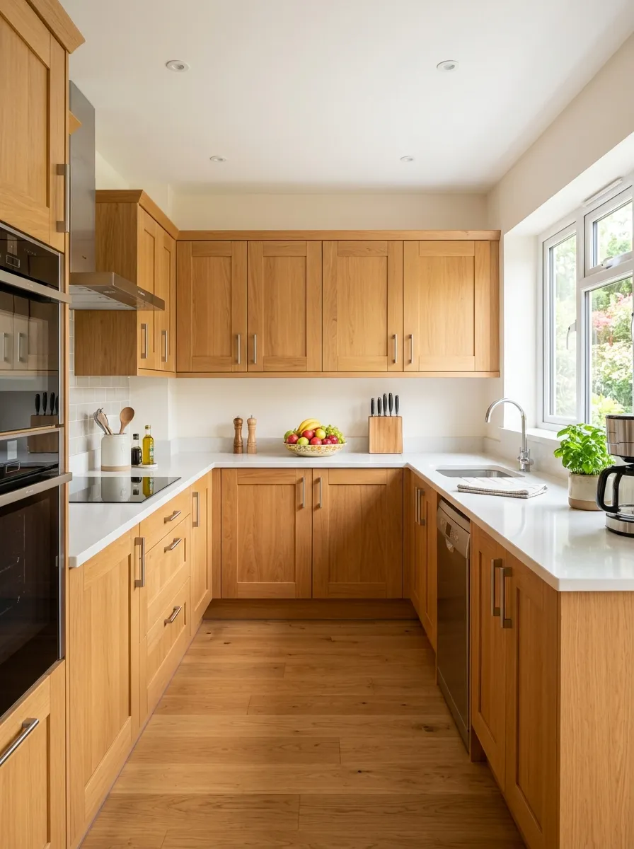A real-life U-shaped kitchen fully fitted with natural oak cabinets, beautifully arranged countertop with a fruit bowl and a few kitchen tools, neatly made and organized, clean lines throughout, bright natural light, vibrant warm wood tones, stock-photo style, no people.