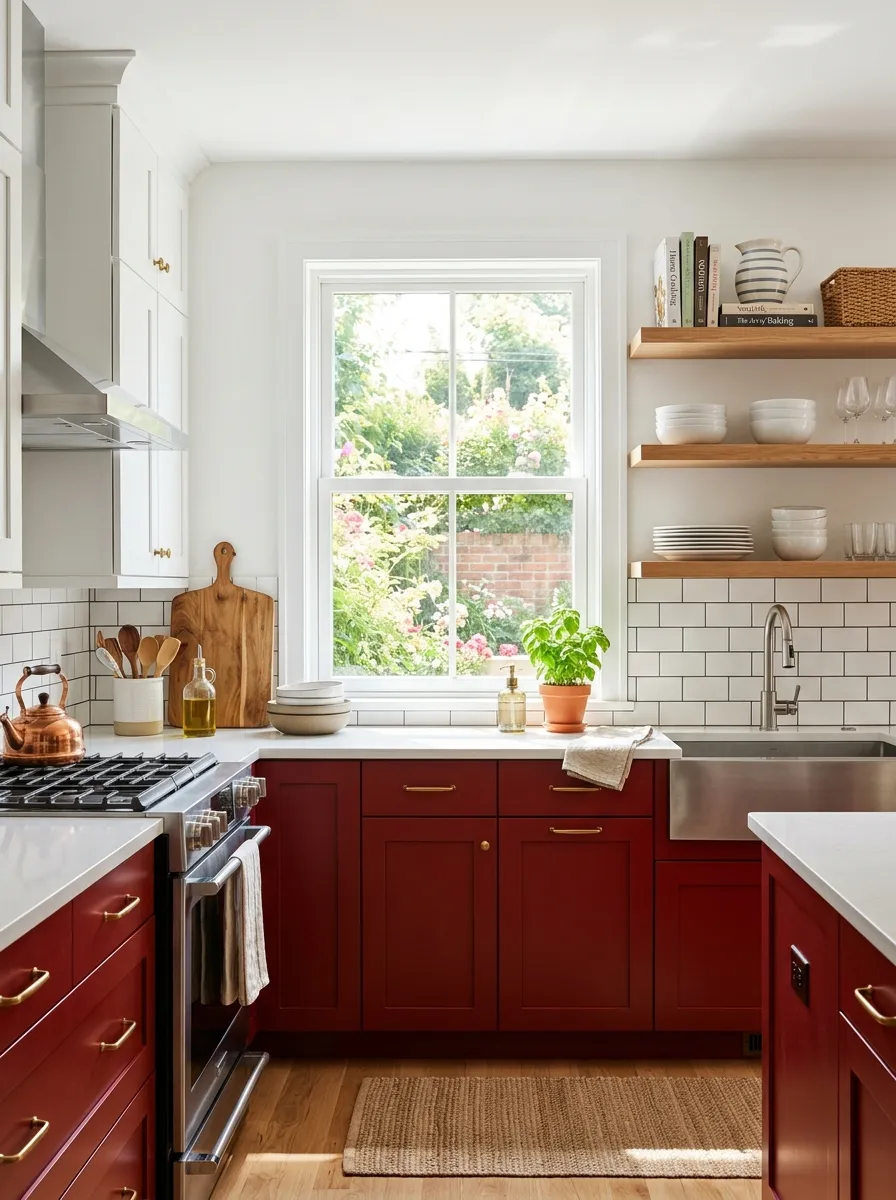 A bright, sunlit kitchen with deep red lower cabinets and crisp white upper cabinets, neatly arranged countertops with a few styled items, beautifully organized open shelving, clean lines, bright natural light streaming through a window, realistic stock photography style, vibrant color contrast, Pinterest-worthy home kitchen.