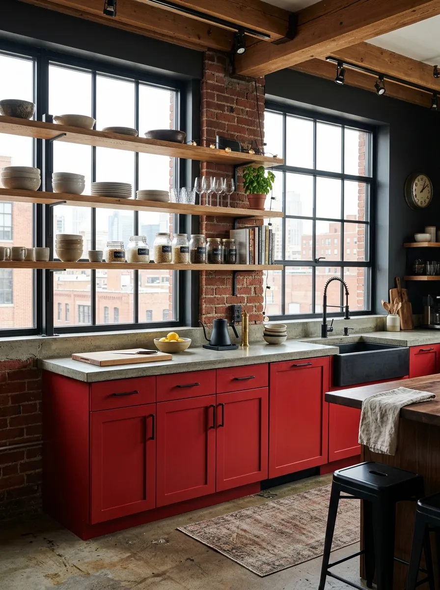 An industrial-modern kitchen with red cabinets and black steel-frame windows, neatly arranged concrete countertop with a few styled items, beautifully organized open wooden shelving, bright natural light pouring through the windows, realistic stock photography style, vibrant red against dark industrial tones, Pinterest-ready urban kitchen.