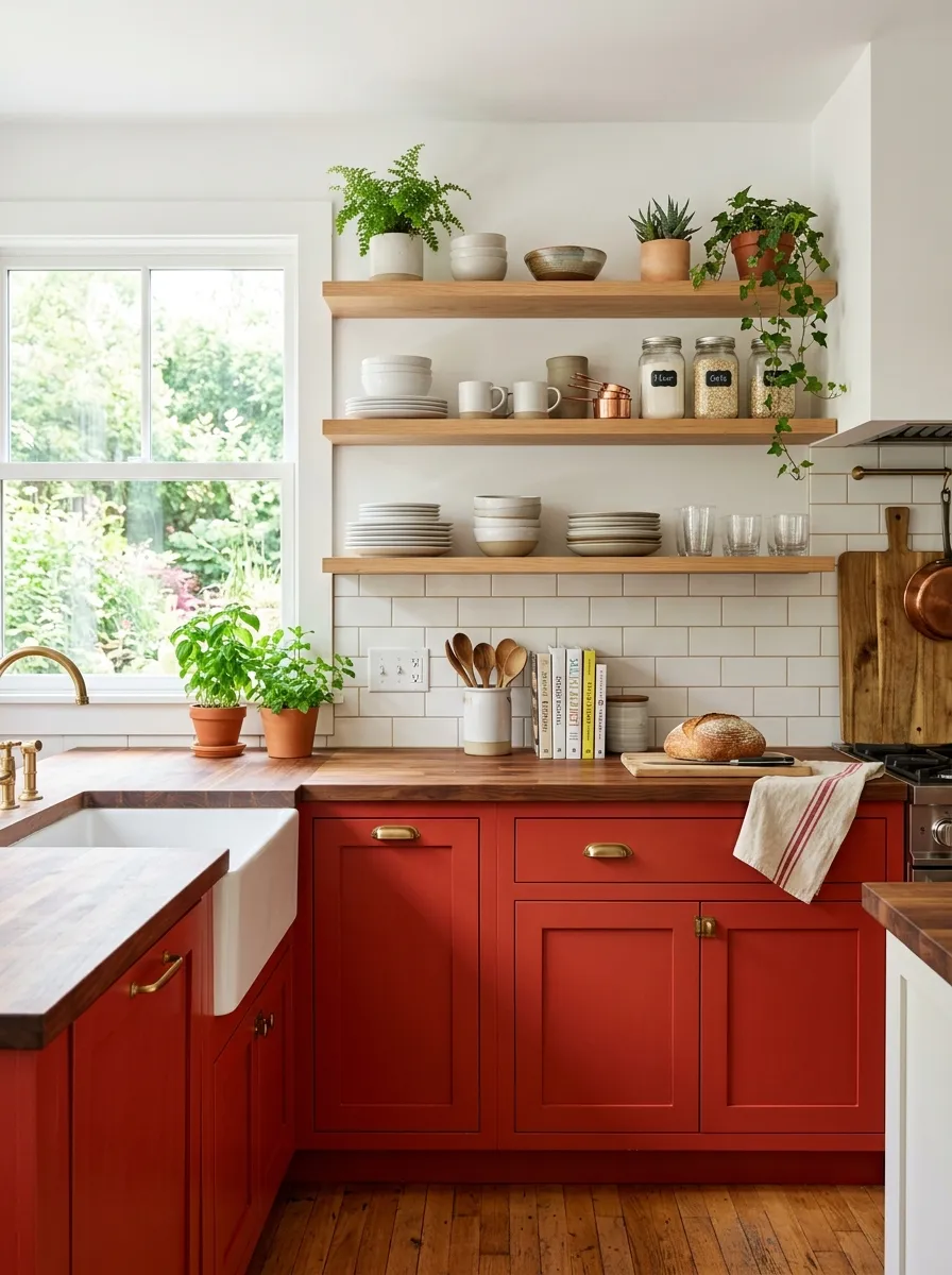 A warm kitchen with red lower cabinets and open wood shelving above, neatly arranged neutral dishware and small potted plants, beautifully organized countertop, clean lines, bright natural light filling the space, realistic stock photography style, vibrant red tones balanced with warm wood, Pinterest-ready home kitchen.