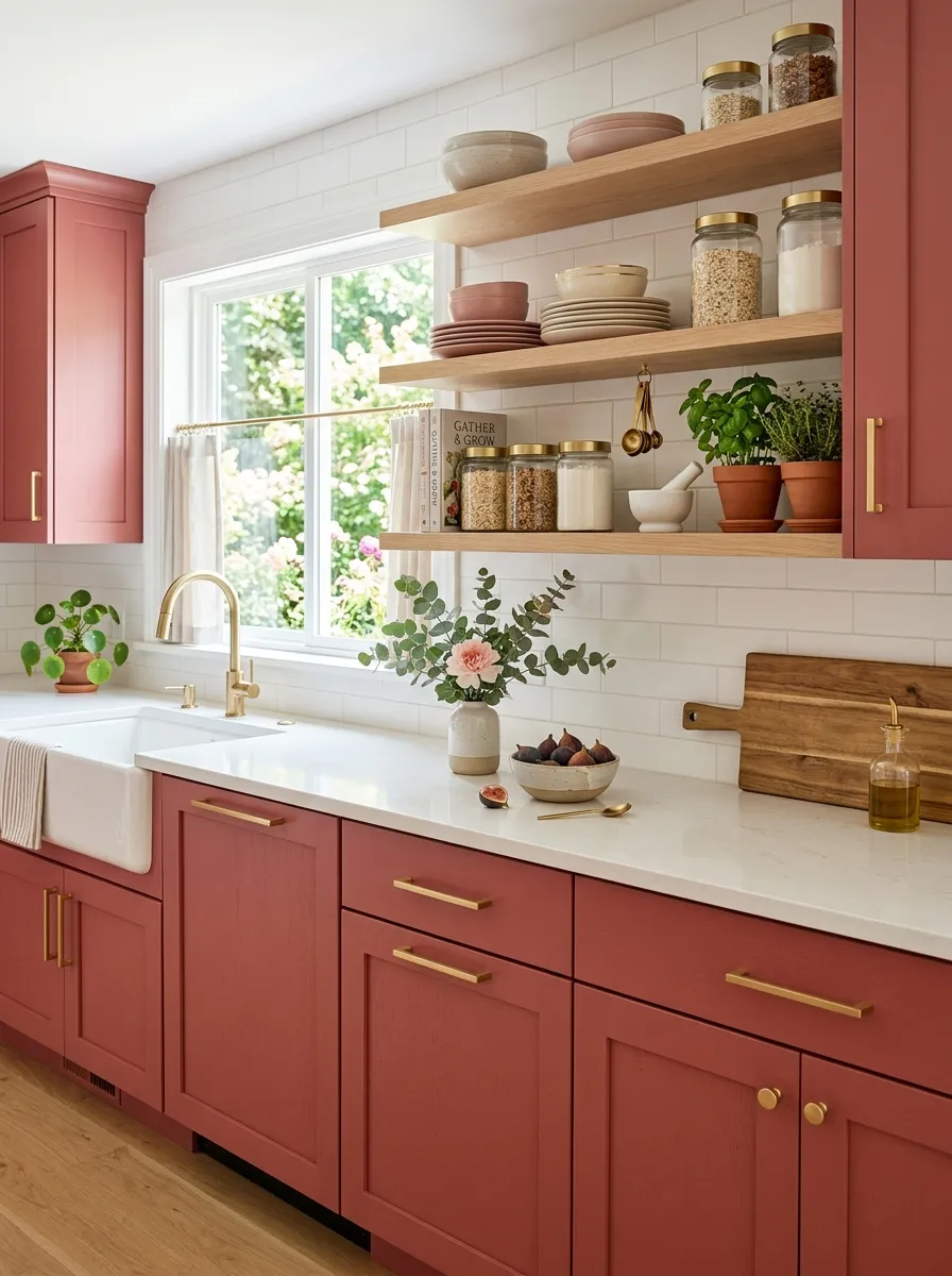A soft, airy kitchen with dusty rose-red cabinets, brushed gold hardware, neatly arranged countertop styled with a small vase and ceramic bowl, beautifully organized open shelf, bright natural light streaming through a window, realistic stock photography style, vibrant yet soft rose-red tones, Pinterest-ready kitchen.