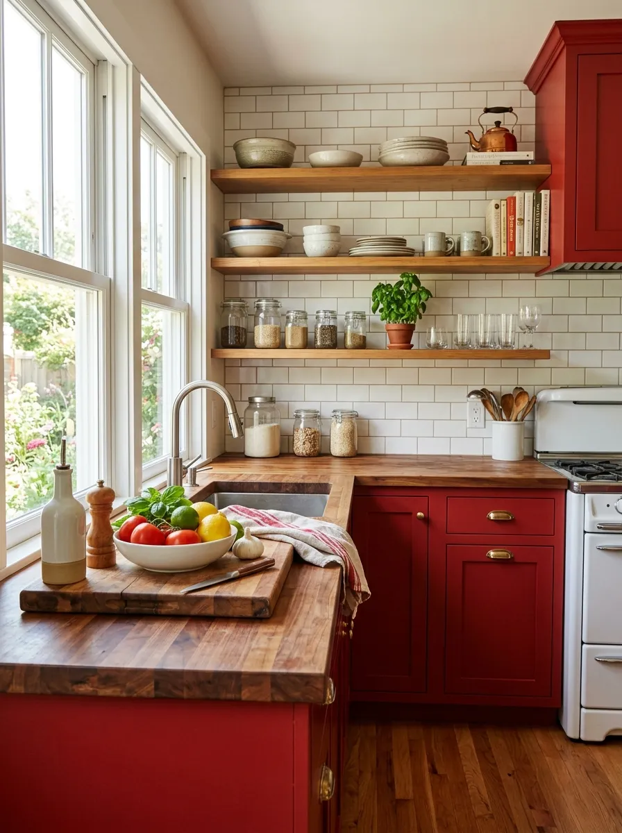 A cozy kitchen with red cabinets and a butcher block countertop, neatly organized with a wooden cutting board and a bowl of fresh produce, beautifully arranged open shelving nearby, bright natural light, clean composition, realistic stock photography style, vibrant warm red tones, inviting Pinterest-ready kitchen.