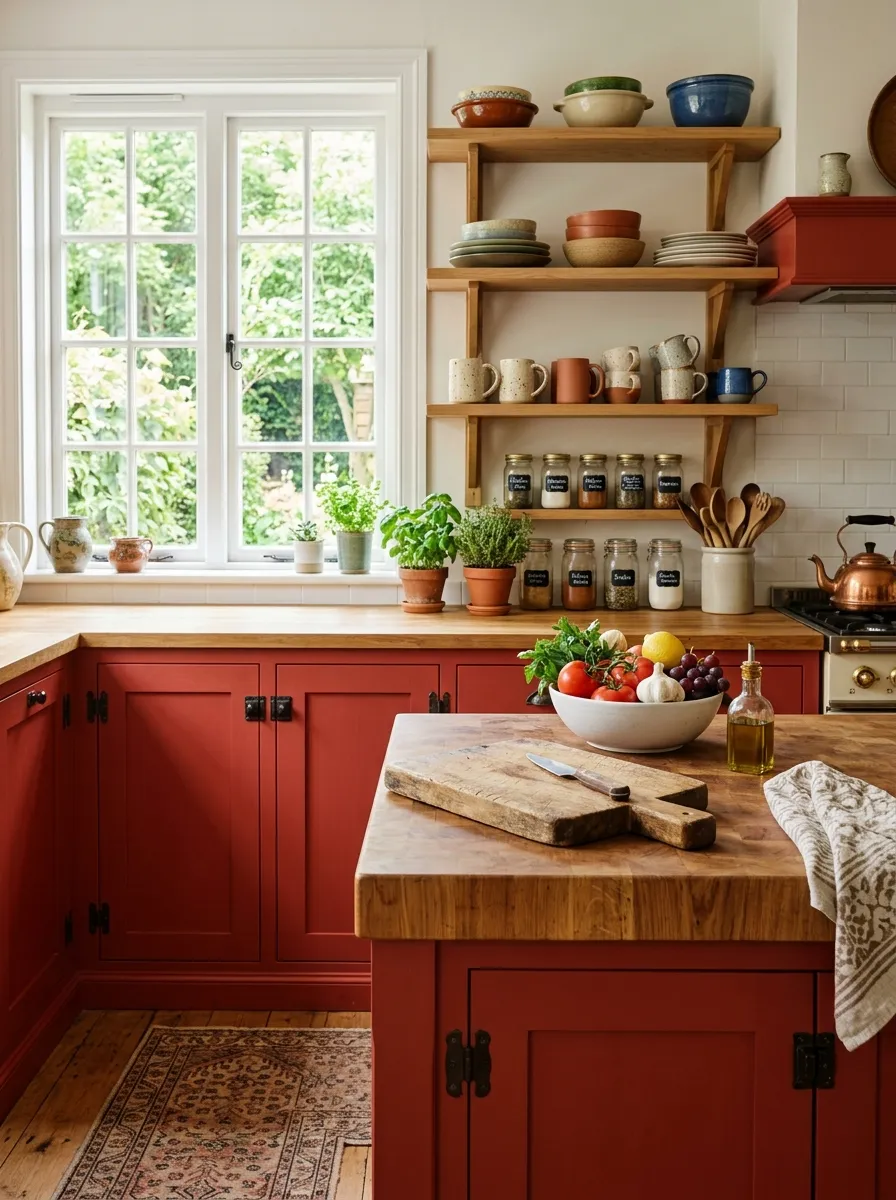 A stylish kitchen with red cabinets and a Moroccan-inspired patterned tile backsplash, neatly arranged countertop with minimal styled decor, clean lines, bright natural light illuminating the tile detail, realistic stock photography style, vibrant red and complementary tile colors, Pinterest-ready designer kitchen.