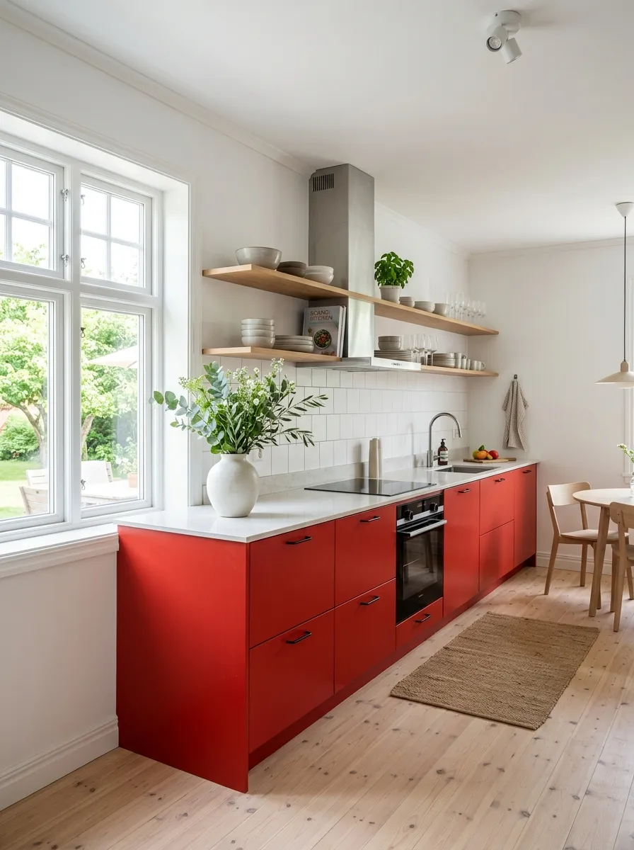 A bright Scandinavian-style kitchen with red cabinets against pale wood floors and white walls, neatly arranged countertop with a single ceramic vase, beautifully organized minimal styling, clean lines, bright natural light flooding the room, realistic stock photography style, vibrant red standing out against a minimal palette, Pinterest-ready kitchen.