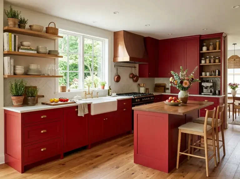 A stunning real-life kitchen with rich red cabinets as the main focal point, neatly made countertops beautifully arranged with a few styled decor pieces, clean organized open shelving, bright natural light pouring in from a window, realistic stock photography style, vibrant saturated red tones, warm and inviting, Pinterest-ready aesthetic, wide shot showing the full kitchen layout.