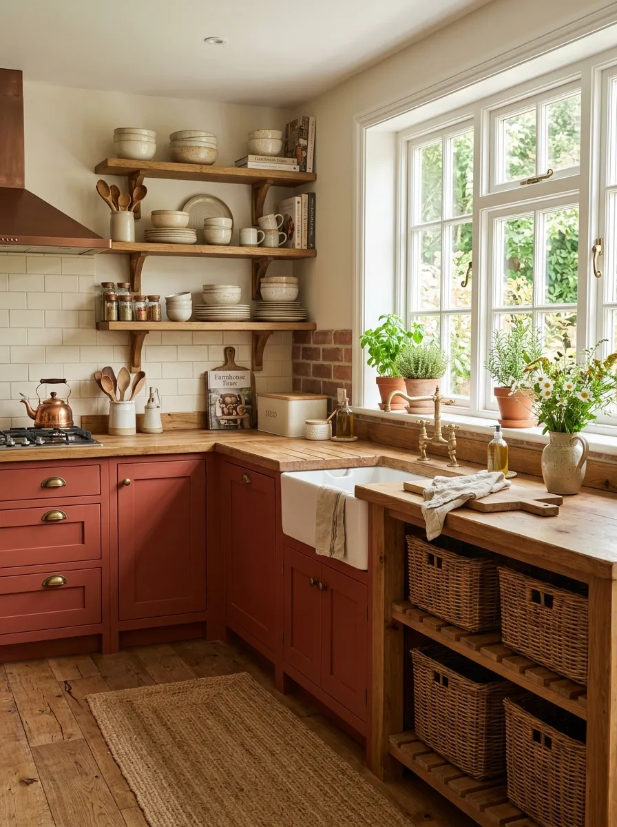 A cozy farmhouse kitchen featuring matte brick red cabinets, neatly made open wooden shelves with organized ceramic dishware, woven baskets tucked underneath a counter, bright natural light from a nearby window, clean and beautifully arranged countertop styling, realistic photography, warm vibrant tones, inviting Pinterest-ready home kitchen.