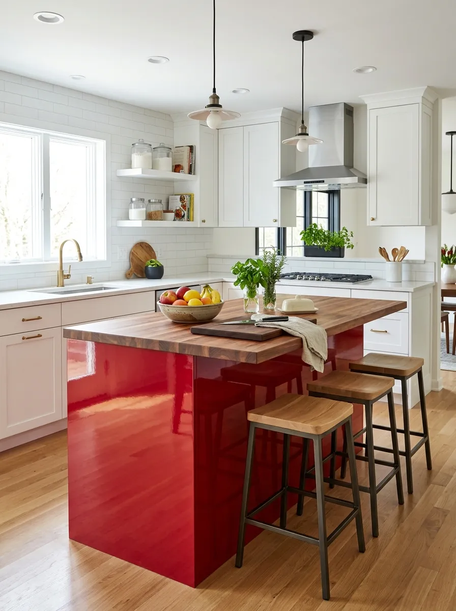 A modern kitchen with white surrounding cabinets and a glossy cherry red island as the centerpiece, neatly arranged bar stools tucked underneath, a butcher block countertop beautifully styled with a fruit bowl and cutting board, bright natural light, clean organized composition, realistic stock photo style, vibrant saturated red, Pinterest-inspired kitchen design.
