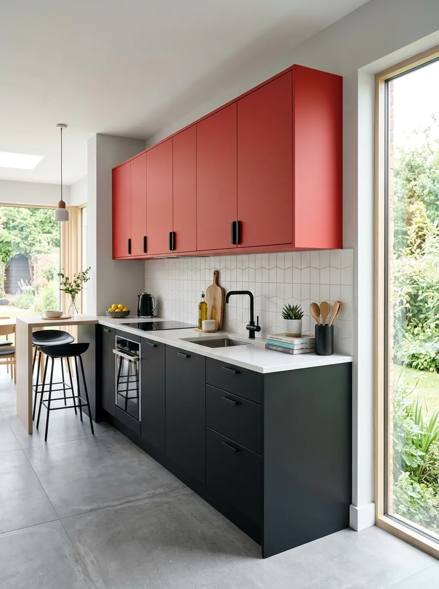 A sleek contemporary kitchen with two-tone red and black cabinets, black lower cabinets paired with red upper cabinets, neatly organized open countertop with minimal styled decor, matte black hardware, bright natural light highlighting clean lines, realistic photography, vibrant bold color contrast, beautifully arranged modern Pinterest kitchen.