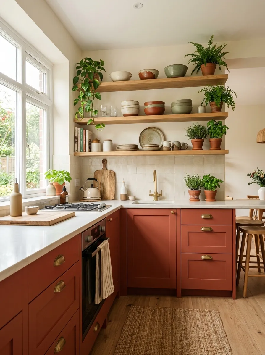 A warm inviting kitchen with muted terracotta-red cabinets, brass hardware, neatly arranged wooden open shelves styled with potted greenery and ceramic bowls, bright natural light filling the room, clean and organized countertop, realistic stock photography style, vibrant earthy tones, cozy Pinterest-ready kitchen aesthetic.