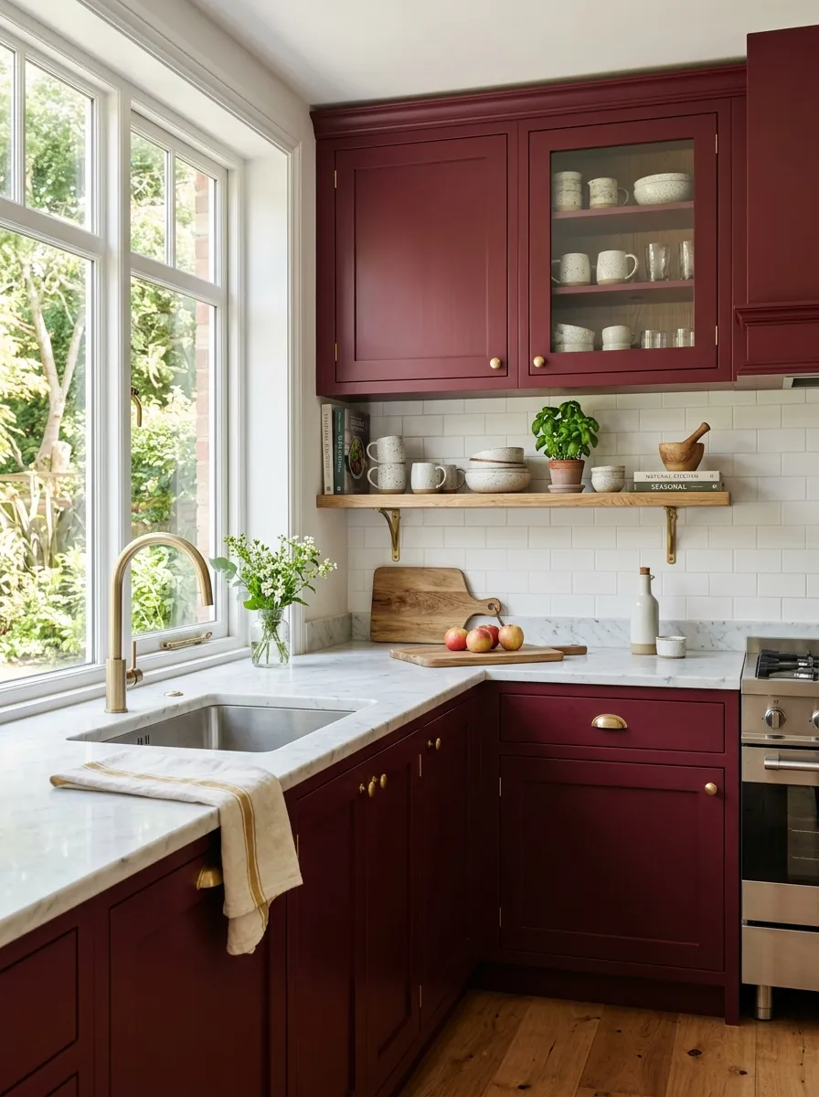 A refined kitchen with deep wine red Shaker-style cabinets and white marble countertops, neatly arranged countertop styling with a few ceramic pieces, beautifully organized open shelf, brushed gold hardware, bright natural light streaming in, realistic stock photography style, vibrant rich red tones, elegant Pinterest-ready home kitchen.