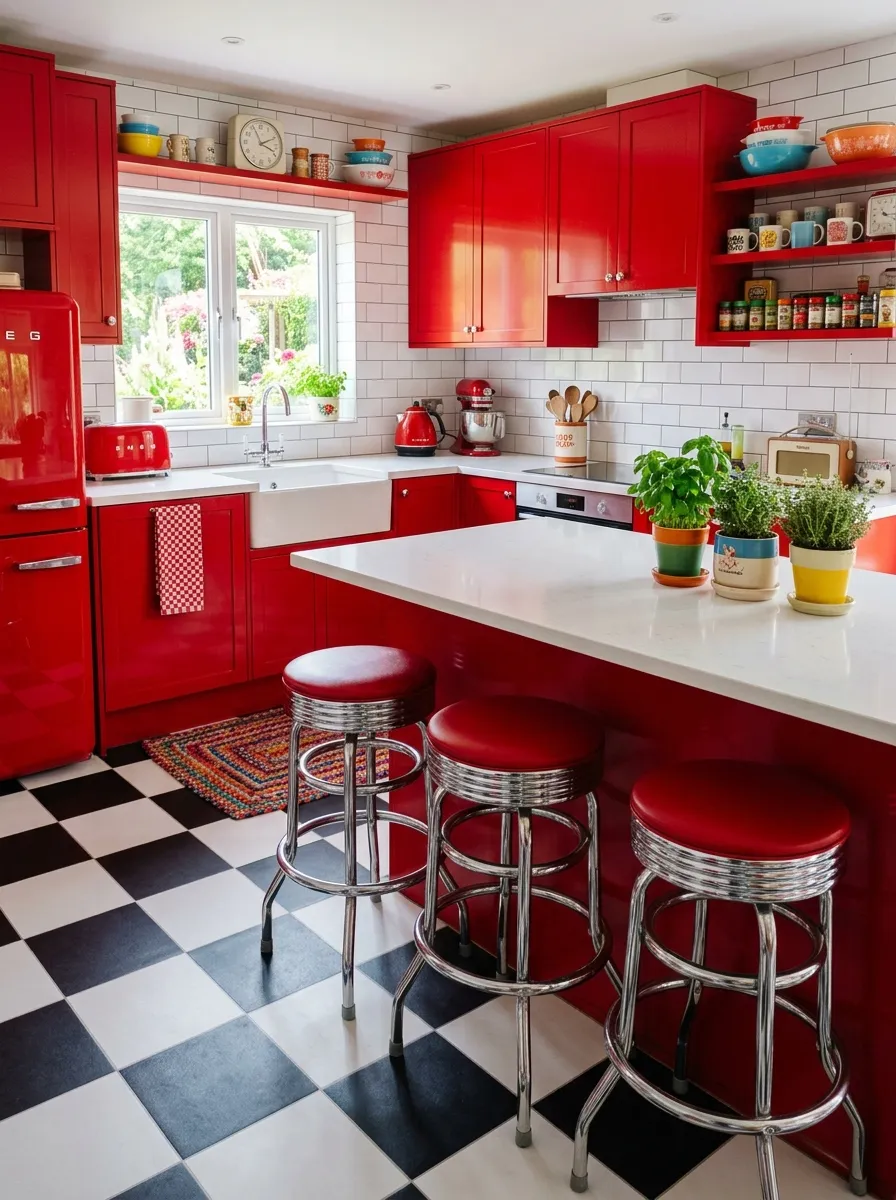 A playful retro kitchen with bright red cabinets and a black-and-white checkerboard floor, neatly arranged chrome bar stools, clean white walls, beautifully organized countertop with vintage-inspired decor, bright natural light, realistic photography style, vibrant saturated red, cheerful Pinterest-ready kitchen design.
