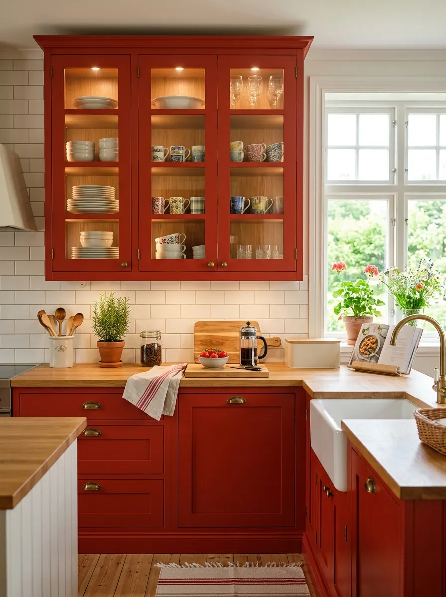A charming kitchen with red glass-front cabinets displaying neatly arranged ceramic dishware, soft interior cabinet lighting, beautifully organized open counter space, clean lines, bright natural light from a nearby window, realistic stock photography style, vibrant warm red tones, inviting Pinterest-ready kitchen.