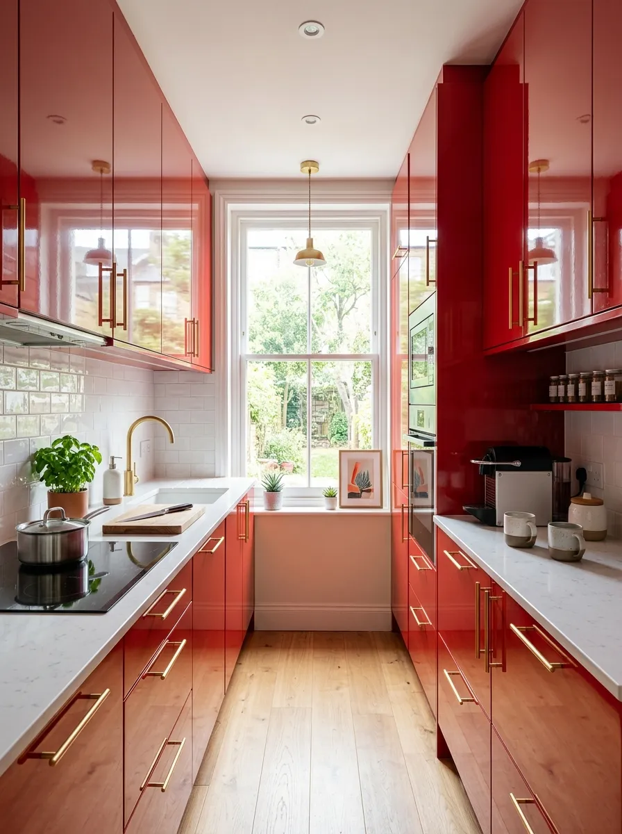 A narrow galley kitchen with glossy red cabinets on both sides, neatly organized countertop with minimal styled items, slim brass handles, a reflective backsplash, bright natural light bouncing through the space, realistic stock photography, vibrant bold red tones, clean Pinterest-ready compact kitchen.