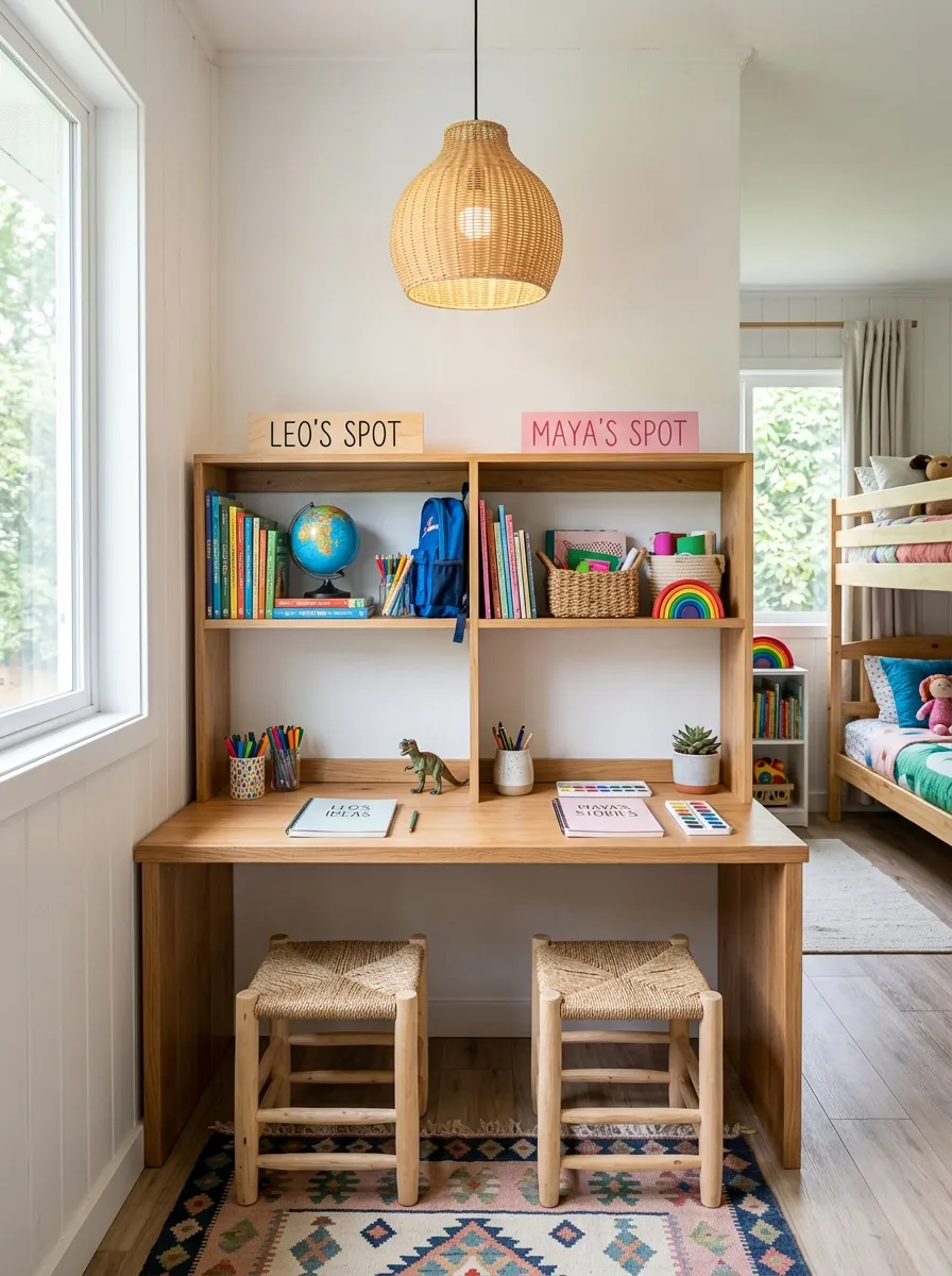 Bright shared kids bedroom with a built-in desk nook divided into two neat labeled cubbies, matching stools tucked underneath, a hanging pendant lamp above, beautifully arranged school supplies, bright natural light, clean organized space, real-life photography style, vibrant fresh colors.