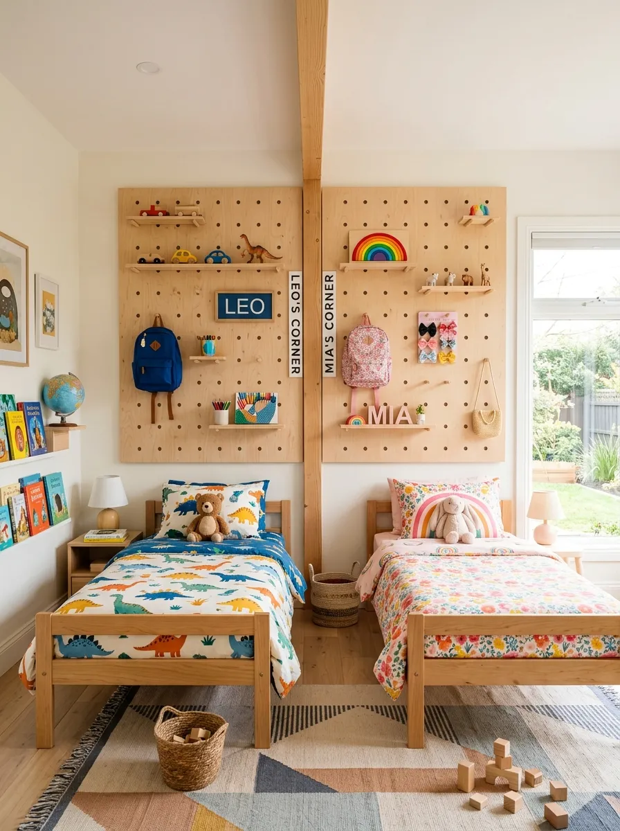 Bright shared kids bedroom with a large wooden pegboard wall split into two neat sections, small hooks and shelves holding beautifully arranged toys and bags, clean organized layout, bright natural light, tidy beds below, real-life photography style, vibrant playful colors.