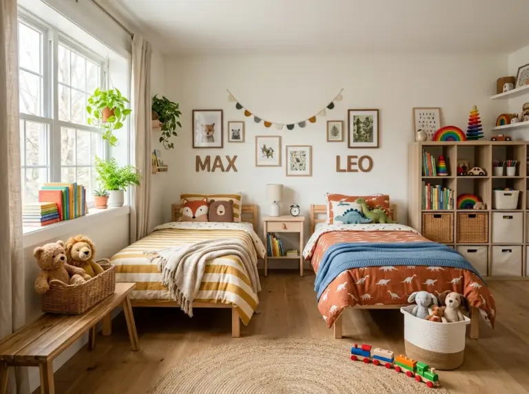 Bright, cozy real-life shared kids bedroom with two neatly made beds, soft natural light streaming through a window, beautifully arranged toys and decor, clean and organized space, vibrant warm color palette, stock photography style, inviting and Pinterest-worthy.