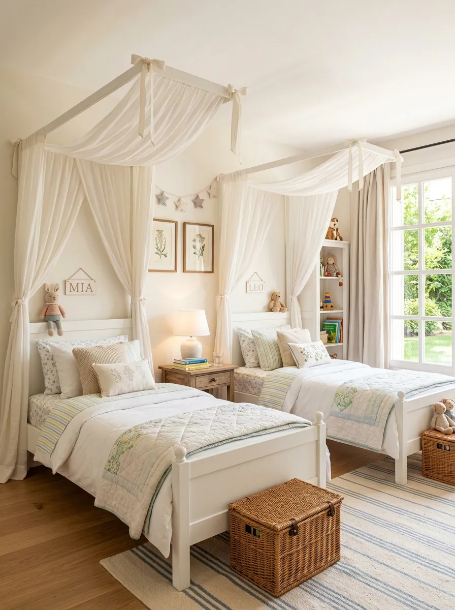 Elegant shared kids bedroom with two matching white canopy beds placed symmetrically, soft flowing fabric draped neatly overhead, a small shared wooden nightstand between them, beautifully arranged bedding, bright natural light filling the room, clean and organized, real-life photography, vibrant fresh tones.