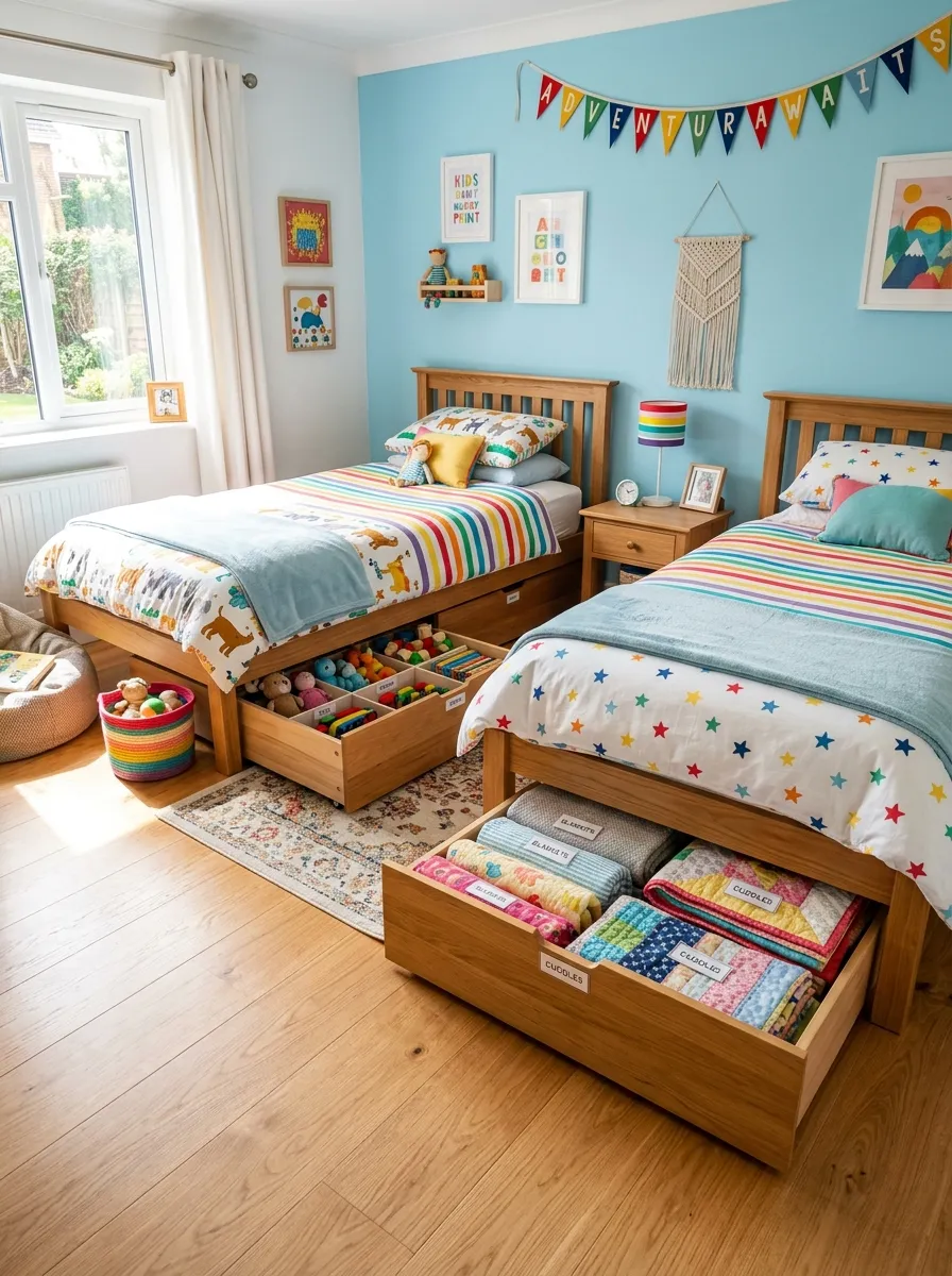 Tidy shared kids bedroom with matching under-bed storage drawers pulled out slightly to show neatly folded toys and blankets, clean wooden floor, beautifully arranged room, bright natural light, organized and clutter-free, real-life photography style, vibrant cheerful colors.