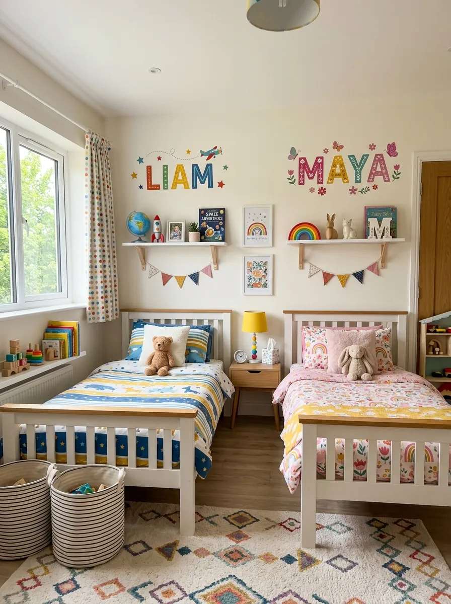 Cheerful shared kids bedroom with colorful name decals on the wall above two neatly made beds, small wooden shelves underneath holding tidy trinkets, bright natural light, clean organized space, beautifully arranged decor, real-life photography style, vibrant playful colors.