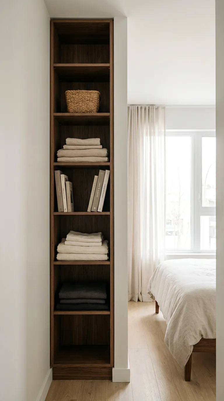 Wide interior photograph of a narrow bedroom wall fitted with a tall, slim wood-toned wall shelf unit stretching floor to ceiling, holding folded linens, a few books, and one small woven basket, all in muted neutral tones. The rest of the room stays open and airy to counterbalance the vertical storage. Soft daylight through a nearby window, realistic small-space design photography, no clutter, no people, no text.