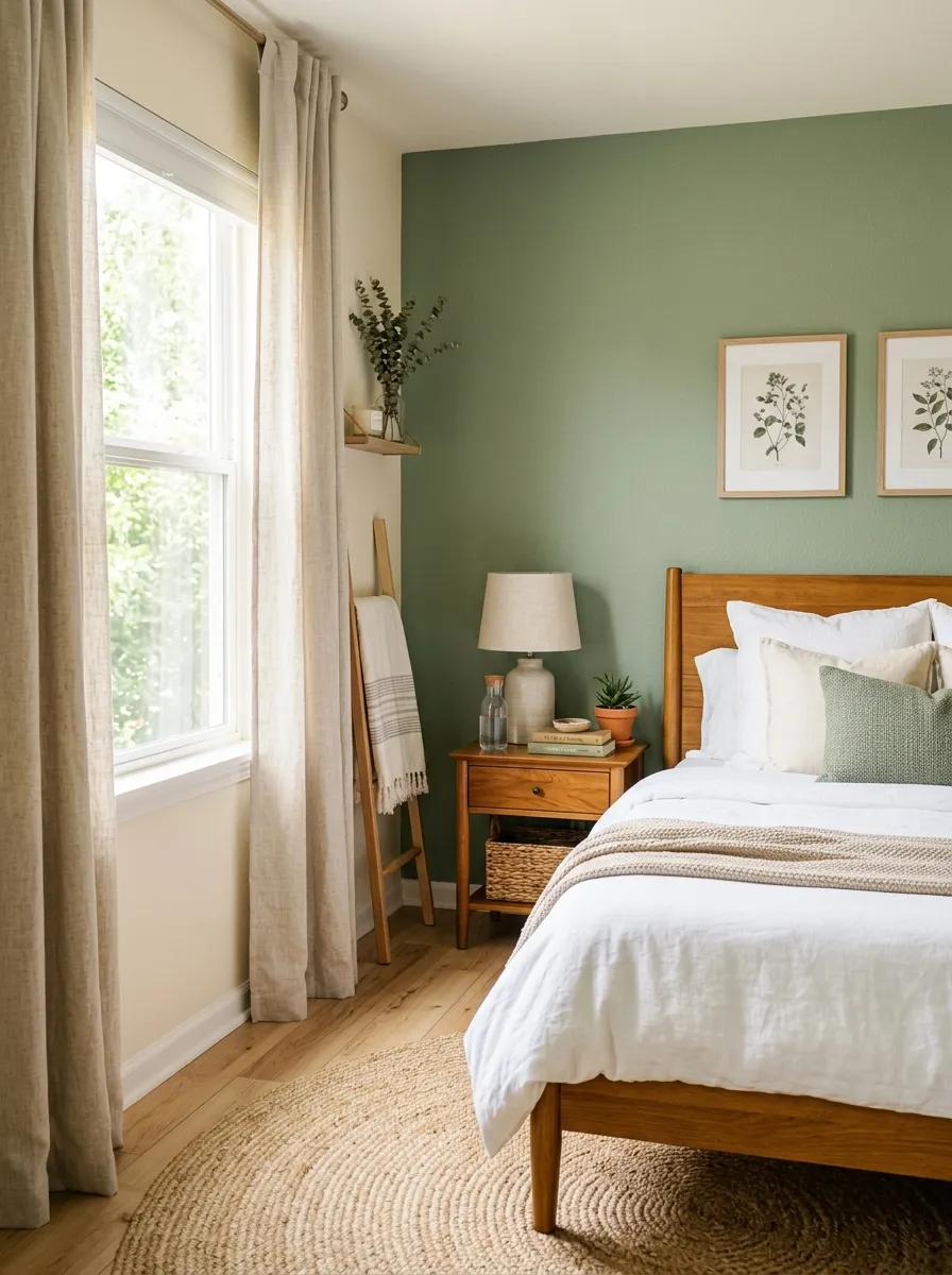 Image prompt: A real-life bedroom corner with a sage green accent wall, neatly made bed with white linen, warm wood nightstand and bed frame, woven jute rug, soft linen curtains, beautifully arranged decor, organized and clean space, bright natural light streaming through the window, photographic style, vibrant natural tones, Pinterest-ready interior photo.