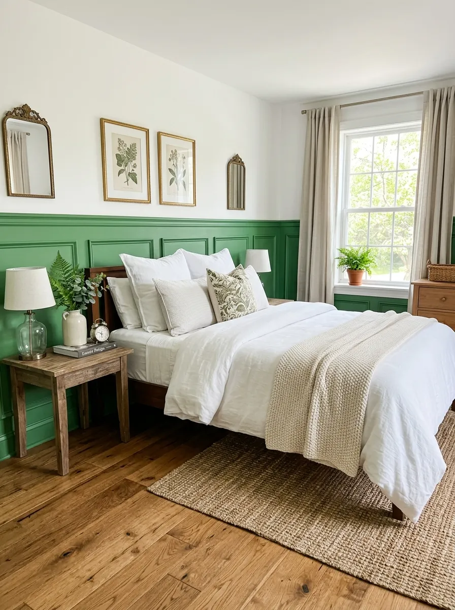 Image prompt: A real-life bedroom with green painted wainscoting panels and crisp white upper walls, neatly made bed with white bedding, wood floor, beautifully arranged decor, organized and clean traditional styling, bright natural light through a window, vibrant fern green tone, photographic stock photo, Pinterest-ready interior.