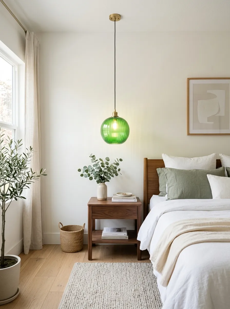 Image prompt: A real-life minimalist bedroom with a green glass pendant light hanging above a nightstand, neatly made bed nearby, beautifully arranged simple decor, organized and clean modern styling, bright natural light mixing with the soft green pendant glow, vibrant green glass tones, photographic stock photo style, Pinterest-ready.