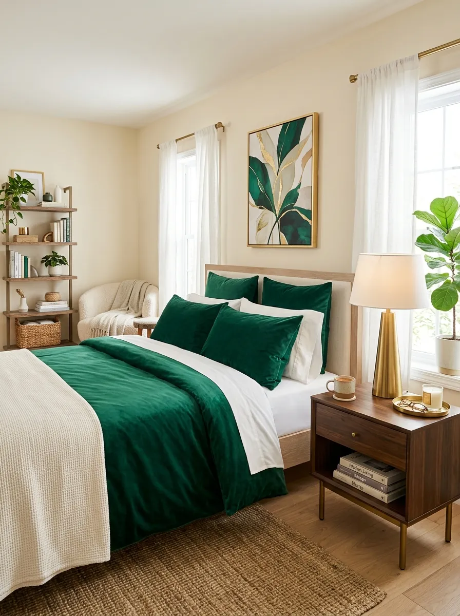 Image prompt: A real-life bedroom with cream colored walls, a neatly made bed with deep emerald green velvet bedding and matching pillows, brass table lamp on a nightstand, beautifully arranged and organized room, clean modern styling, bright natural light, vibrant emerald color popping against soft neutrals, photographic stock photo style, Pinterest-ready.