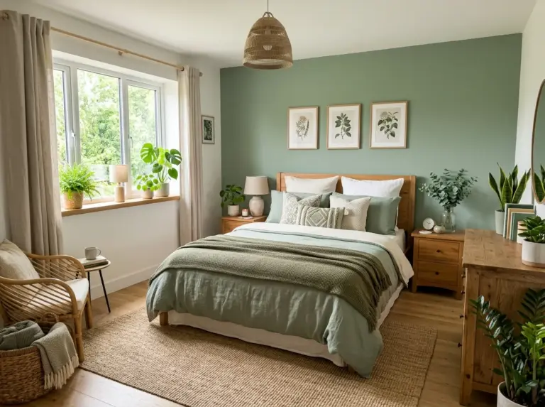 A real-life cozy bedroom styled as the ultimate soothing green retreat, combining a sage green accent wall, neatly made bed with layered green and cream bedding, warm wood furniture, a small potted plant on the nightstand, beautifully arranged and organized decor, clean minimal styling, bright natural light flooding through a window, vibrant fresh green tones, photographic stock photo style, wide shot, Pinterest-ready cover image.
