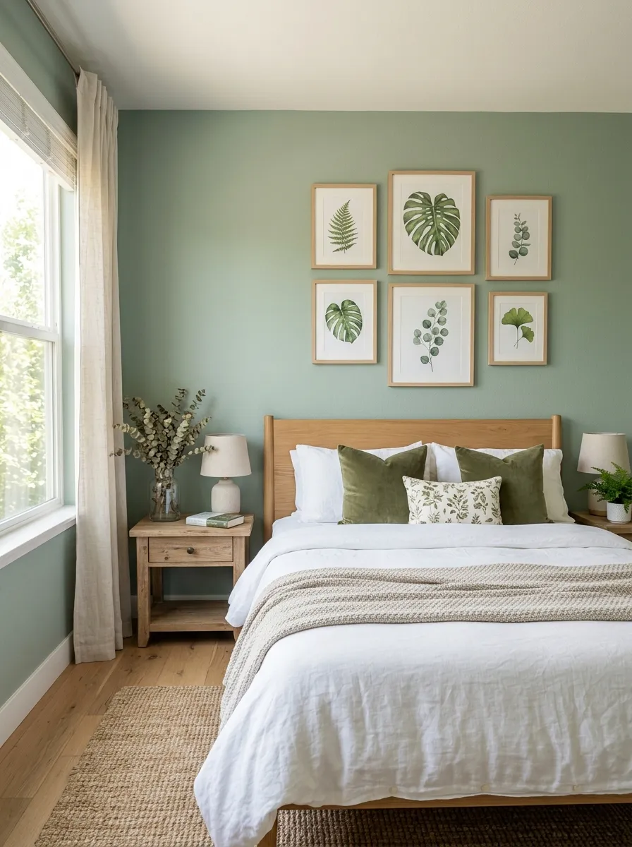 Image prompt: A real-life bedroom with soft eucalyptus green painted walls, framed botanical leaf prints arranged in a gallery style above a neatly made bed, dried eucalyptus branch in a vase on the nightstand, beautifully organized and clean styling, bright natural light, vibrant green tones, photographic stock photo, Pinterest-ready interior.