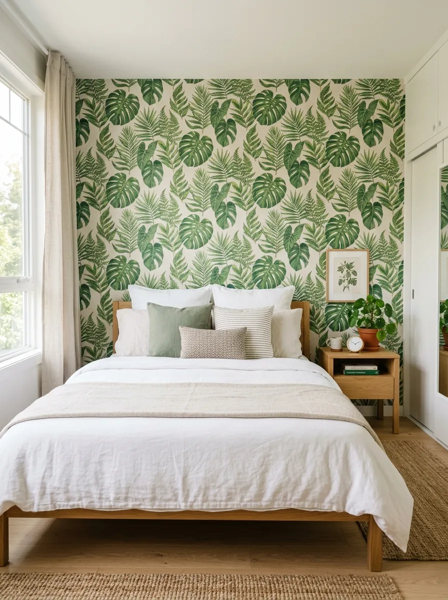 Image prompt: A real-life bedroom with botanical leaf print wallpaper behind a neatly made bed, simple neutral bedding, minimal wood nightstand, beautifully arranged small plant, organized and clean room styling, bright natural light showing the wallpaper detail, vibrant layered green tones, photographic stock photo, Pinterest-ready interior.