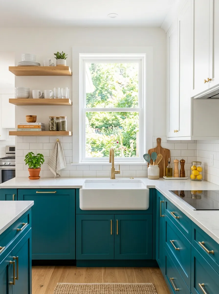 Real-life photo of a bright kitchen with teal lower cabinets and white upper cabinets, brushed gold hardware, neatly made countertop with a few styled items, beautifully arranged open shelving, organized and clean, bright natural light streaming through a window, vibrant colors, stock photography style, no people.
