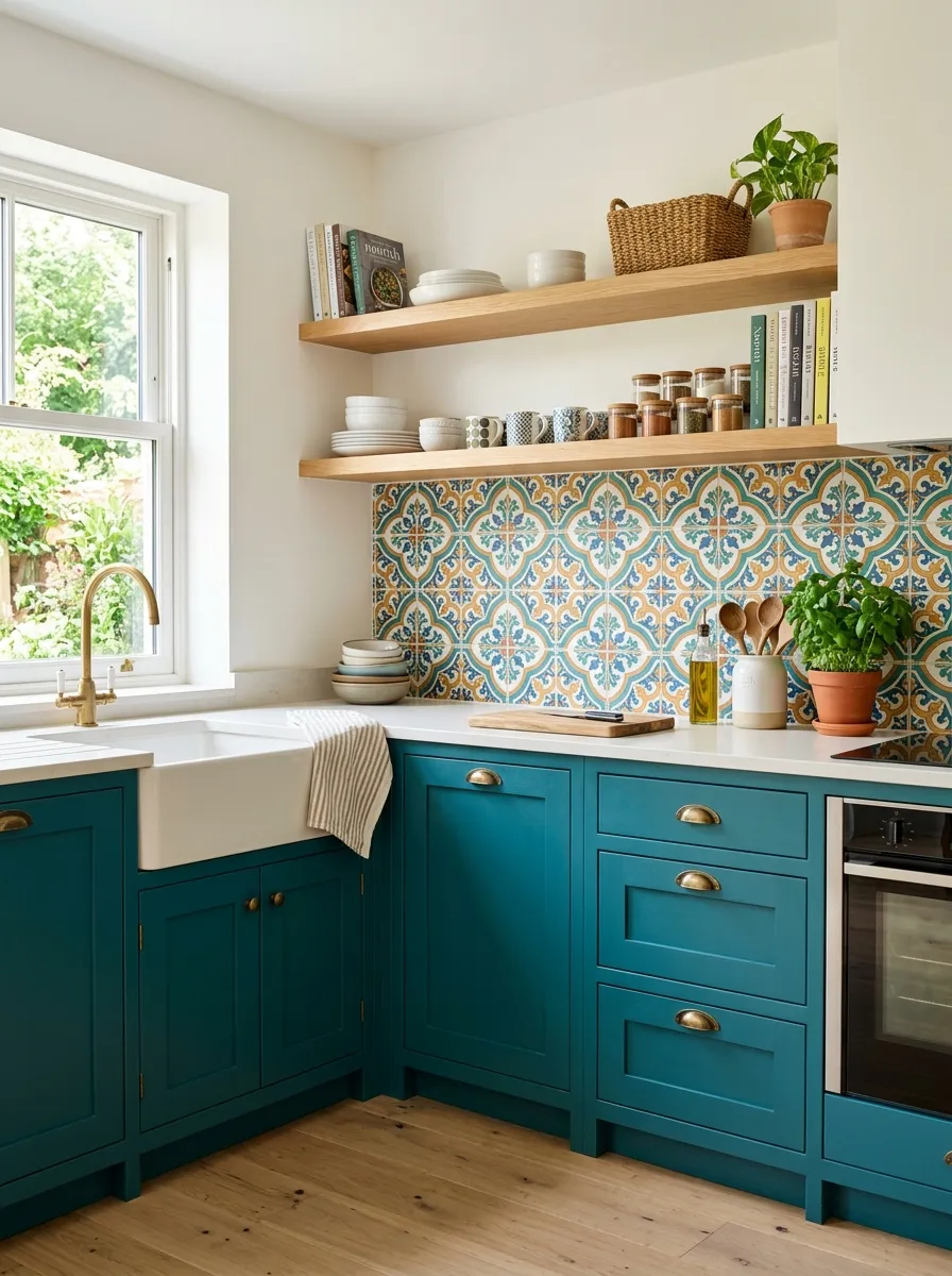 Real-life photo of a kitchen with teal cabinets and a patterned tile backsplash in teal, white, and accent colors, neatly made simple countertop, beautifully arranged light wood open shelving, organized and clean, bright natural light, vibrant pattern and colors, stock photography style, no people.