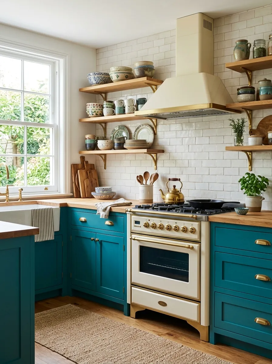 Real-life photo of a kitchen with teal cabinets and a vintage-style range in cream, brass accents nearby, neatly made open shelving with beautifully arranged mismatched ceramics, organized and clean, bright natural light, vibrant teal tones, stock photography style, no people.