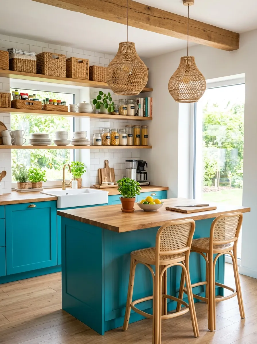 Real-life photo of a kitchen with teal cabinets, rattan pendant lights above an island, neatly made open shelving with beautifully arranged wicker baskets, wooden countertop, organized and clean, bright natural light, vibrant teal tones, stock photography style, no people.