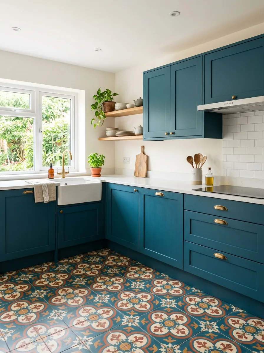 Real-life photo of a kitchen with teal cabinets and a patterned encaustic tile floor in teal and terracotta tones, neatly made simple white countertop, organized and clean walls, bright natural light, vibrant floor pattern and colors, stock photography style, no people.