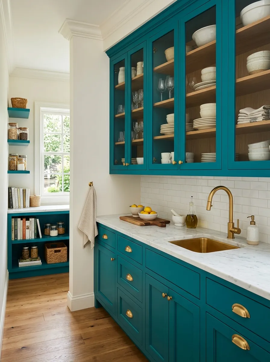 Real-life photo of a butler's pantry with teal cabinets and glass-front upper cabinets displaying dishware, brass hardware, neatly made countertop with a small prep sink, beautifully arranged styling, organized and clean, bright natural light, vibrant teal tones, stock photography style, no people.