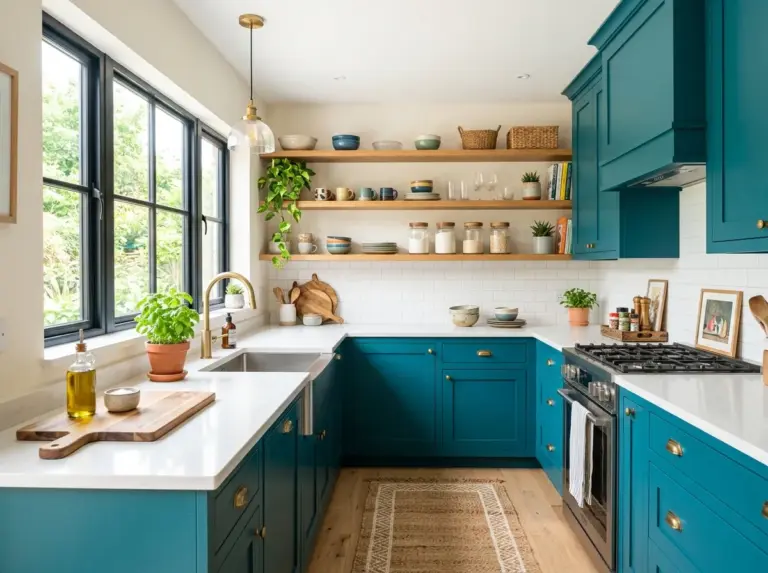 Real-life photo of a bright, beautifully styled kitchen featuring teal cabinets as the centerpiece, neatly made countertops with a few decorative items, beautifully arranged open shelving, organized and clean overall design, bright natural light streaming in, vibrant teal color, stock photography style, no people, wide-angle shot suitable for a Pinterest cover image.