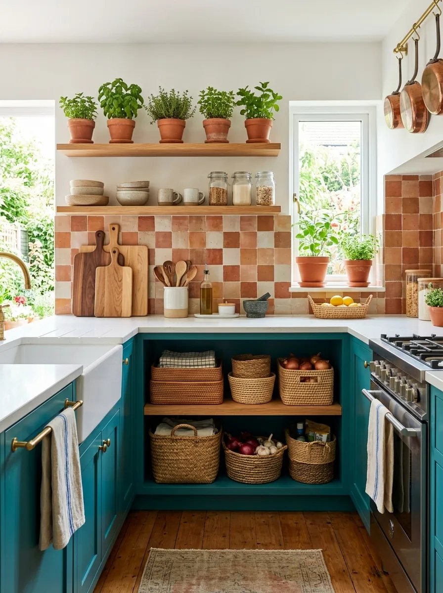 Real-life photo of a kitchen with teal cabinets and terracotta accent pots and tiles, neatly made countertop with wooden cutting boards, beautifully arranged woven baskets, organized and clean, bright natural light, vibrant warm and cool tones together, stock photography style, no people.