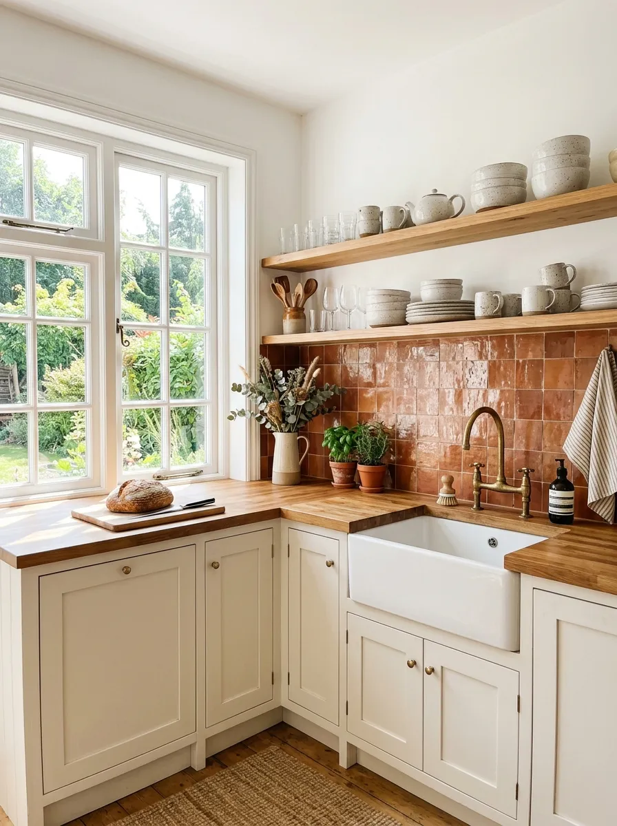 Real-life photography of a bright white kitchen with a terracotta zellige tile backsplash, neatly organized open shelving with ceramic dishes, clean butcher block countertop, brass faucet, bright natural light streaming through a window, vibrant warm tones, beautifully arranged, Pinterest-style home interior photo, no people.