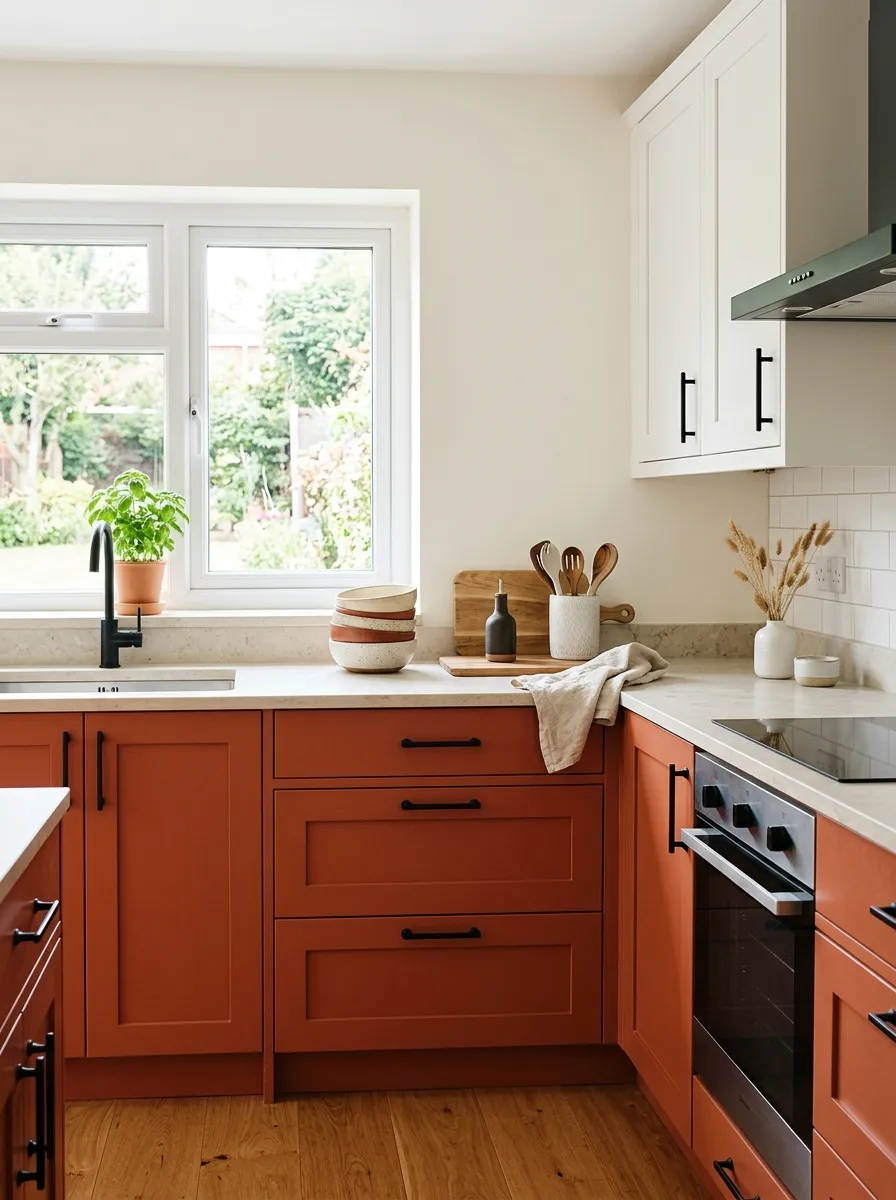 Real-life photography of a kitchen with terracotta-painted lower cabinets and matte black hardware, neatly arranged pale stone countertop, clean styling with a few ceramic bowls, bright natural light, vibrant terracotta tone against black accents, beautifully organized modern kitchen, Pinterest photo, no people.