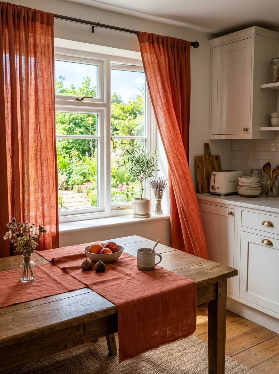 Real-life photography of a kitchen window with flowing terracotta linen curtains, neatly arranged matching table runner on a wooden table nearby, clean countertop in the background, bright natural light filtering through fabric, vibrant warm clay tone, beautifully styled textiles, Pinterest kitchen photo, no people.