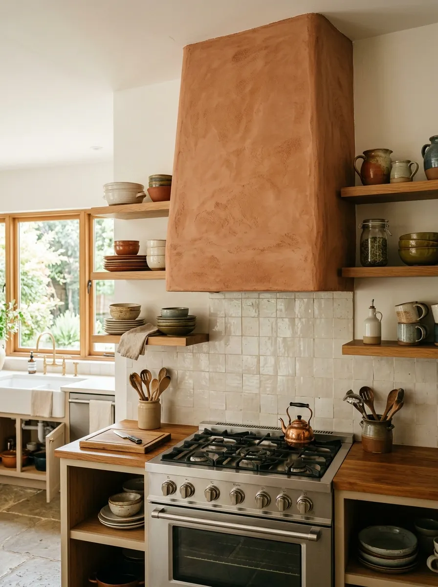 Real-life photography of a tall plastered terracotta range hood as a kitchen centerpiece, neatly arranged open shelves on either side with ceramic dishes, clean stove below, bright natural light, vibrant warm clay texture, beautifully organized styling, Pinterest kitchen photo, no people.