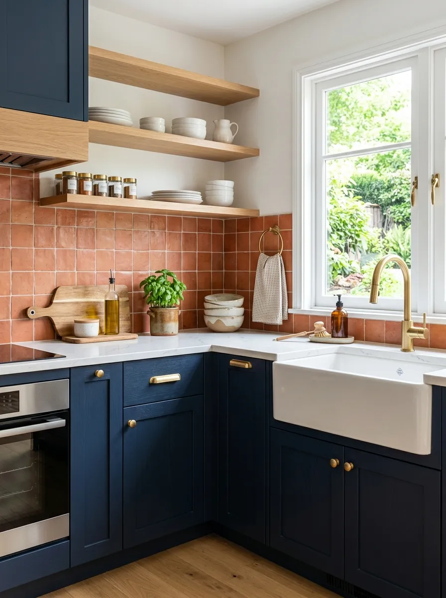 Real-life photography of a kitchen with navy blue lower cabinets and a terracotta tiled backsplash, neatly arranged brass hardware and fixtures, clean countertop styling, bright natural light, vibrant contrasting colors, beautifully organized kitchen design, Pinterest photo, no people.
