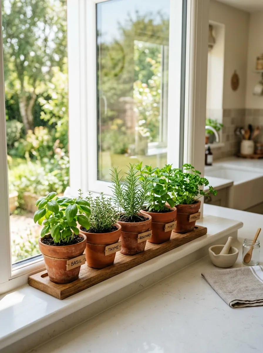 Real-life photography of terracotta clay herb pots neatly arranged on a sunny kitchen windowsill, small wooden tray underneath, fresh green herbs growing, clean window and countertop nearby, bright natural light, vibrant terracotta tone, beautifully organized styling, Pinterest kitchen photo, no people.